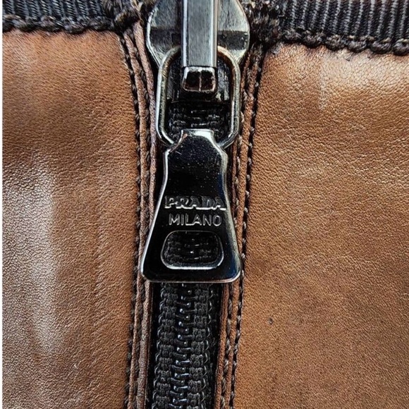 Prada Milano Brown Leather Mid-Calf Heeled Boots with Brogue Toe and Bow - Picture 5 of 8